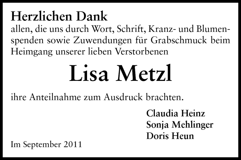  Traueranzeige für Lisa Metzl vom 10.09.2011 aus Rüsselsheimer Echo, Groß-Gerauer-Echo, Ried Echo
