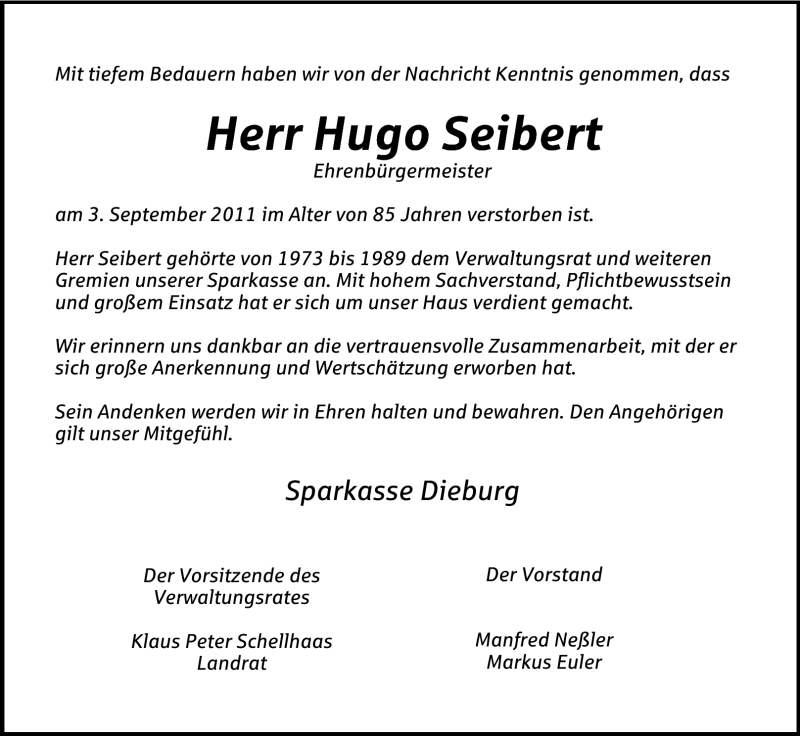  Traueranzeige für Hugo Seibert vom 09.09.2011 aus Echo-Zeitungen (Gesamtausgabe)