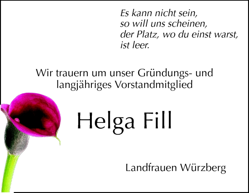  Traueranzeige für Helga  Fill vom 09.09.2011 aus Odenwälder Echo