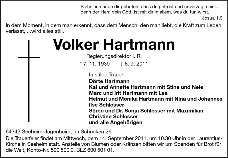  Traueranzeige für Volker Hartmann vom 10.09.2011 aus Echo-Zeitungen (Gesamtausgabe)