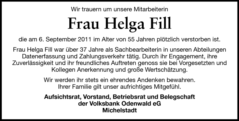  Traueranzeige für Helga  Fill vom 09.09.2011 aus Odenwälder Echo