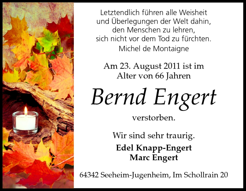  Traueranzeige für Bernd Engert vom 10.09.2011 aus Echo-Zeitungen (Gesamtausgabe)