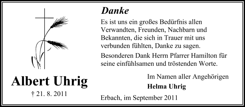  Traueranzeige für Albert Uhrig vom 09.09.2011 aus Odenwälder Echo