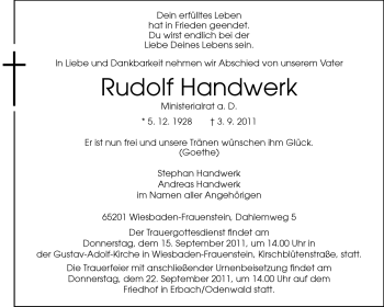 Traueranzeige von Rudolf Handwerk von Odenwälder Echo
