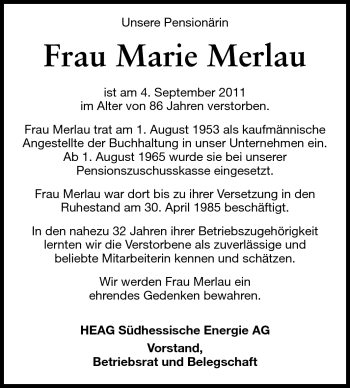 Traueranzeige von Marie Merlau von Echo-Zeitungen (Gesamtausgabe)