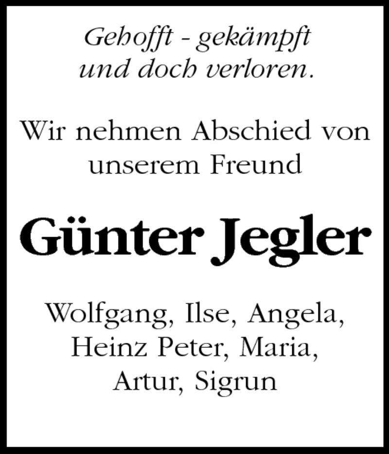  Traueranzeige für Günter Jegler vom 10.09.2011 aus Darmstädter Echo, Odenwälder Echo, Rüsselsheimer Echo, Groß-Gerauer-Echo, Ried Echo