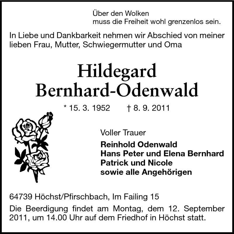  Traueranzeige für Hildegard Bernhard-Odenwald vom 10.09.2011 aus Odenwälder Echo