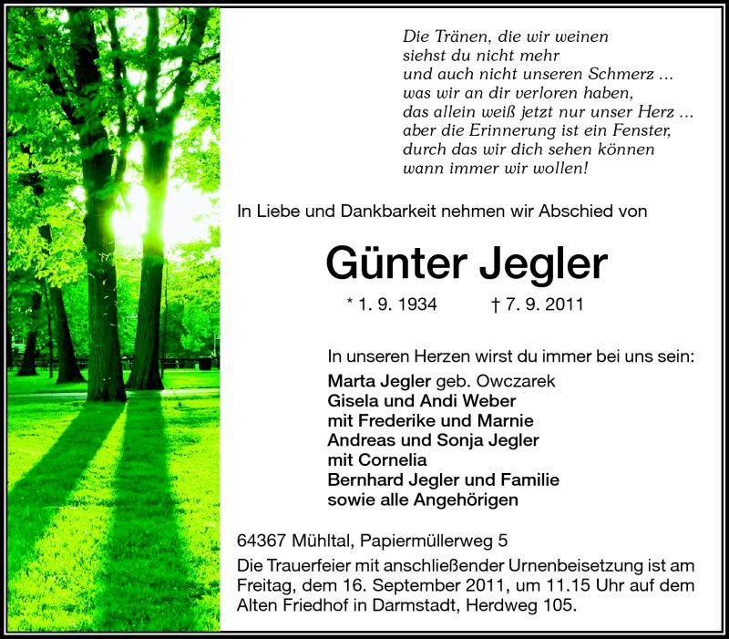  Traueranzeige für Günter Jegler vom 10.09.2011 aus Darmstädter Echo, Odenwälder Echo, Rüsselsheimer Echo, Groß-Gerauer-Echo, Ried Echo
