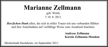 Traueranzeige von Marianne Zellmann von Odenwälder Echo