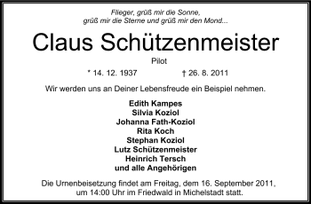 Traueranzeige von Claus Schützenmeister von Odenwälder Echo
