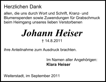 Traueranzeige von Johann Heiser von Echo-Zeitungen (Gesamtausgabe)