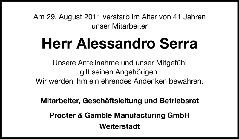  Traueranzeige für Alessandro Serra vom 10.09.2011 aus Echo-Zeitungen (Gesamtausgabe)