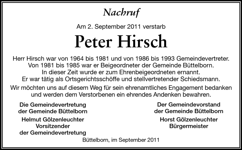  Traueranzeige für Peter Hirsch vom 10.09.2011 aus Rüsselsheimer Echo, Groß-Gerauer-Echo, Ried Echo