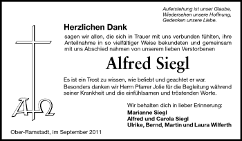 Traueranzeige von Alfred Siegl von Darmstädter Echo, Odenwälder Echo, Rüsselsheimer Echo, Groß-Gerauer-Echo, Ried Echo