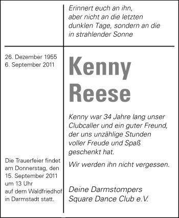 Traueranzeige von Kenny Reese von Echo-Zeitungen (Gesamtausgabe)