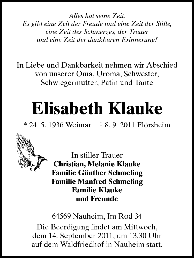  Traueranzeige für Elisabeth Klauke vom 12.09.2011 aus Rüsselsheimer Echo, Groß-Gerauer-Echo, Ried Echo
