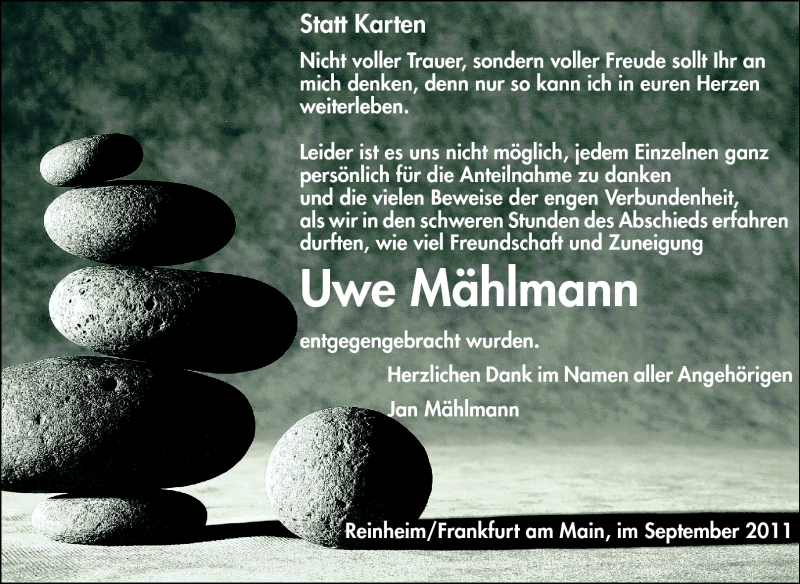  Traueranzeige für Uwe Mählmann vom 10.09.2011 aus Darmstädter Echo, Odenwälder Echo, Rüsselsheimer Echo, Groß-Gerauer-Echo, Ried Echo