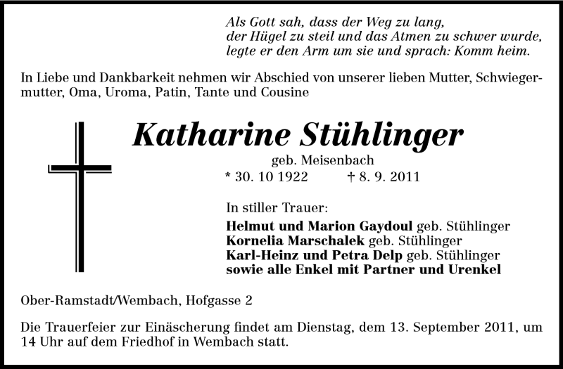  Traueranzeige für Katharine Stühlinger vom 10.09.2011 aus Darmstädter Echo, Odenwälder Echo, Rüsselsheimer Echo, Groß-Gerauer-Echo, Ried Echo