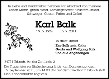 Traueranzeige von Karl Balk von Odenwälder Echo