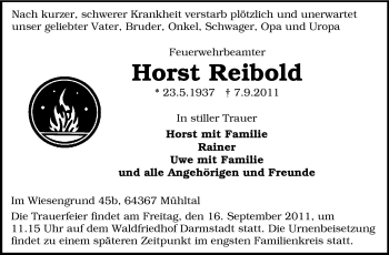 Traueranzeige von Horst Reibold von Echo-Zeitungen (Gesamtausgabe)
