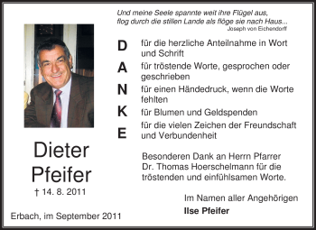 Traueranzeige von Hans-Dieter Pfeifer von Odenwälder Echo