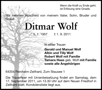 Traueranzeige von Ditmar Wolf von Echo-Zeitungen (Gesamtausgabe)