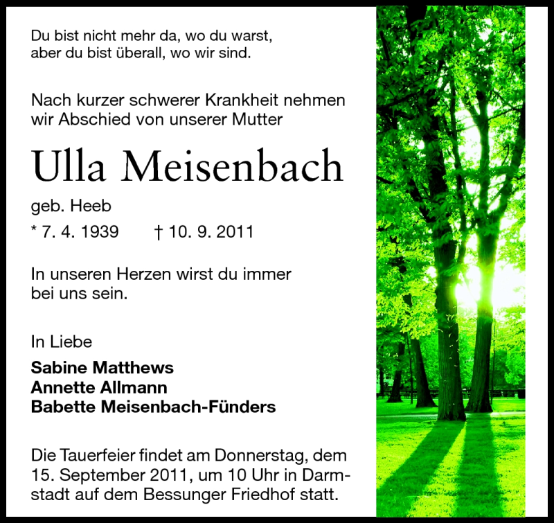  Traueranzeige für Ulla Meisenbach vom 12.09.2011 aus Darmstädter Echo, Odenwälder Echo, Rüsselsheimer Echo, Groß-Gerauer-Echo, Ried Echo