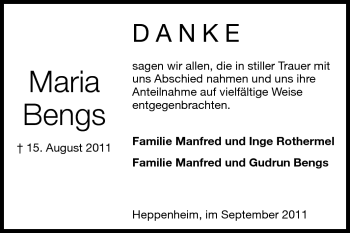 Traueranzeige von Maria Bengs von Starkenburger Echo