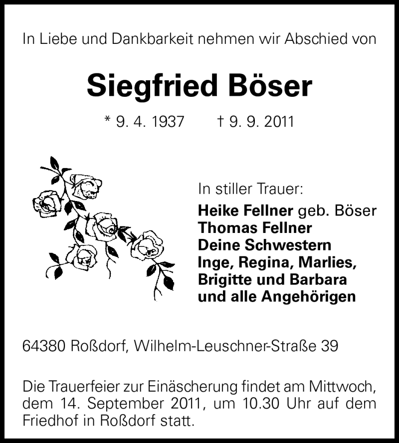  Traueranzeige für Siegfried Böser vom 12.09.2011 aus Echo-Zeitungen (Gesamtausgabe)