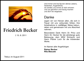 Traueranzeige von Friedrich Becker von Rüsselsheimer Echo, Groß-Gerauer-Echo, Ried Echo