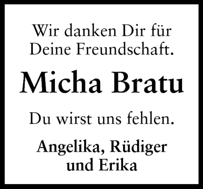  Traueranzeige für Micha Bratu vom 12.09.2011 aus Echo-Zeitungen (Gesamtausgabe)
