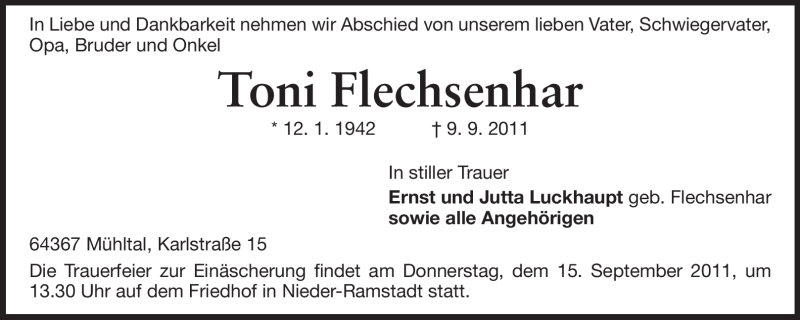  Traueranzeige für Toni Flechsenhar vom 13.09.2011 aus Echo-Zeitungen (Gesamtausgabe)