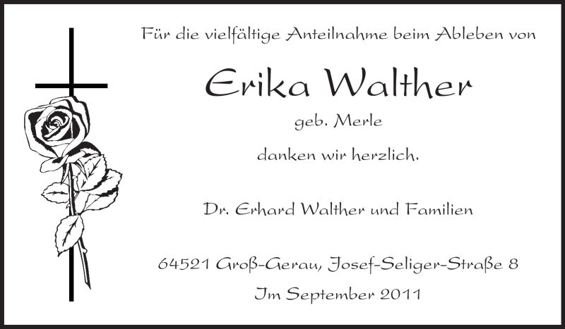  Traueranzeige für Erika Walther vom 14.09.2011 aus Rüsselsheimer Echo, Groß-Gerauer-Echo, Ried Echo