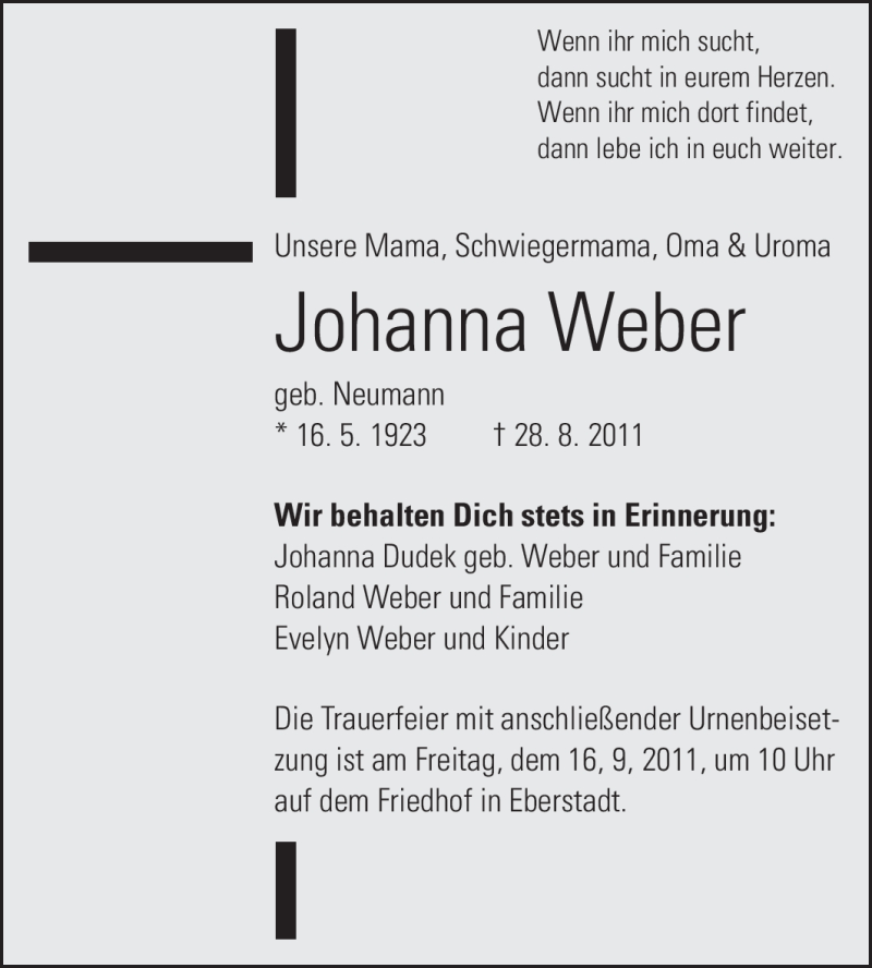  Traueranzeige für Johanna Anna Weber vom 14.09.2011 aus Darmstädter Echo, Odenwälder Echo, Rüsselsheimer Echo, Groß-Gerauer-Echo, Ried Echo