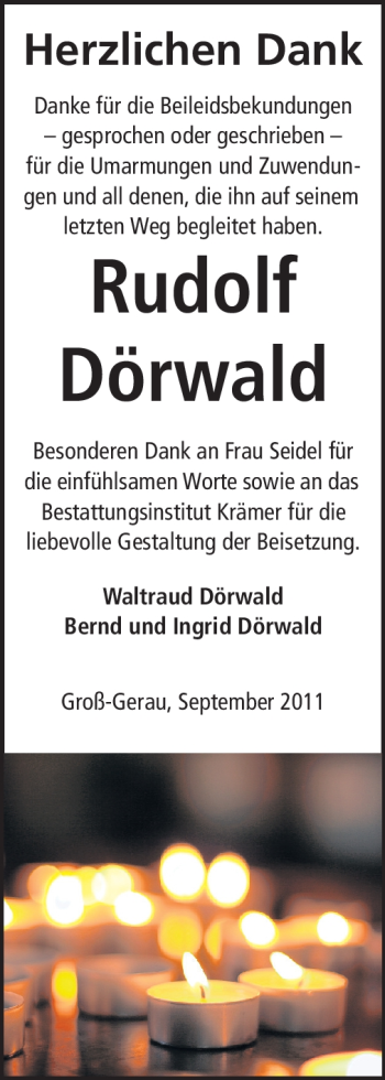 Traueranzeige von Rudolf Dörwald von Rüsselsheimer Echo, Groß-Gerauer-Echo, Ried Echo