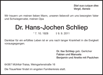 Traueranzeige von Hans-Jochen Schliep von Echo-Zeitungen (Gesamtausgabe)