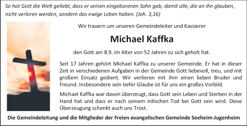 Traueranzeige für Michael Kaffka vom 13.09.2011 aus Echo-Zeitungen (Gesamtausgabe)