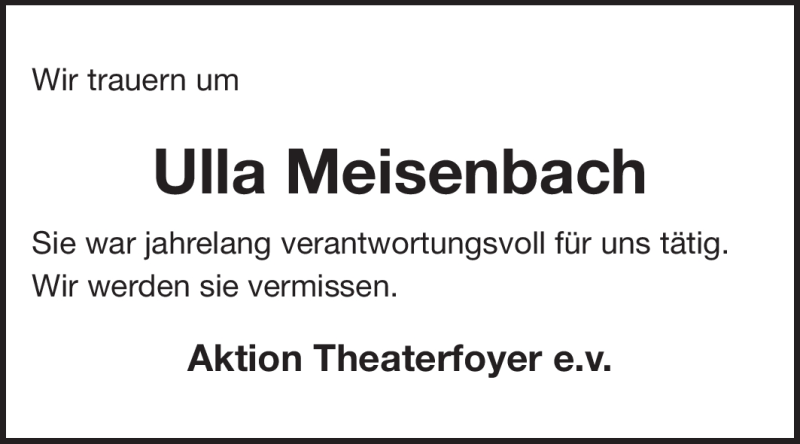  Traueranzeige für Ulla Meisenbach vom 13.09.2011 aus Darmstädter Echo, Odenwälder Echo, Rüsselsheimer Echo, Groß-Gerauer-Echo, Ried Echo