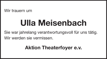 Traueranzeige von Ulla Meisenbach von Darmstädter Echo, Odenwälder Echo, Rüsselsheimer Echo, Groß-Gerauer-Echo, Ried Echo