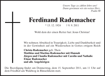 Traueranzeige von Ferdinand Rademacher von Rüsselsheimer Echo, Groß-Gerauer-Echo, Ried Echo