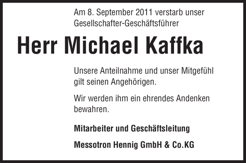  Traueranzeige für Michael Kaffka vom 13.09.2011 aus Echo-Zeitungen (Gesamtausgabe)