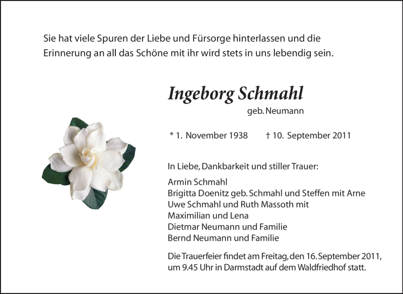  Traueranzeige für Ingeborg Schmahl vom 13.09.2011 aus Echo-Zeitungen (Gesamtausgabe)
