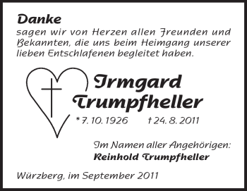 Traueranzeige von Irmgard Trumpfheller von Odenwälder Echo
