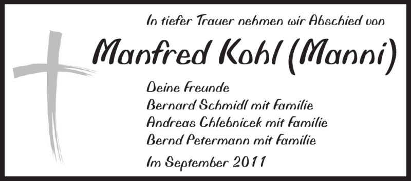  Traueranzeige für Manfred (Manni) Kohl vom 14.09.2011 aus Rüsselsheimer Echo, Groß-Gerauer-Echo, Ried Echo