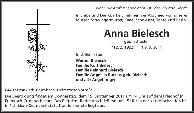  Traueranzeige für August Bilesch vom 13.09.2011 aus Echo-Zeitungen (Gesamtausgabe)