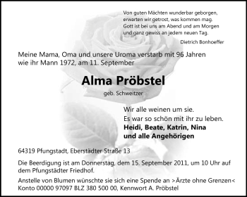 Traueranzeige von Alma Pröbstel von Darmstädter Echo, Odenwälder Echo, Rüsselsheimer Echo, Groß-Gerauer-Echo, Ried Echo