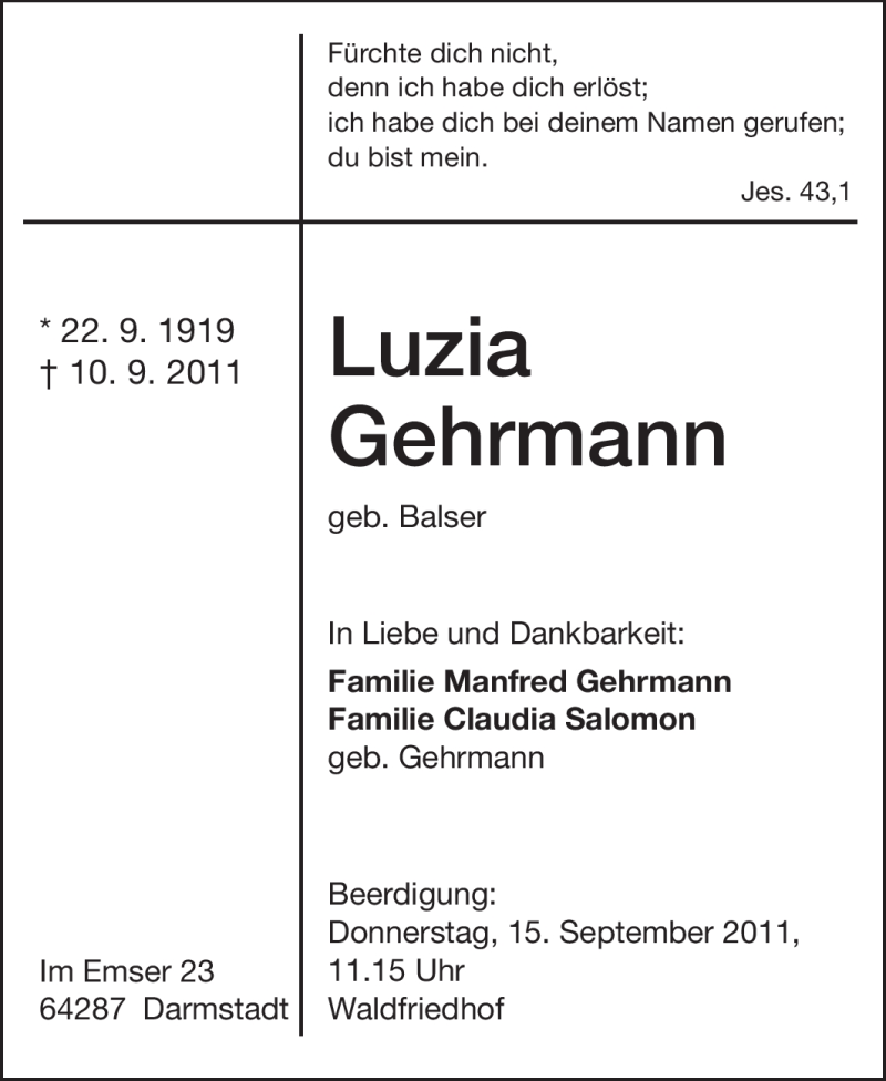  Traueranzeige für Luzia Gehrmann vom 13.09.2011 aus Echo-Zeitungen (Gesamtausgabe)