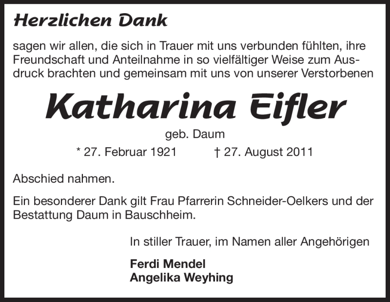  Traueranzeige für Katharina Eifler vom 14.09.2011 aus Rüsselsheimer Echo, Groß-Gerauer-Echo, Ried Echo