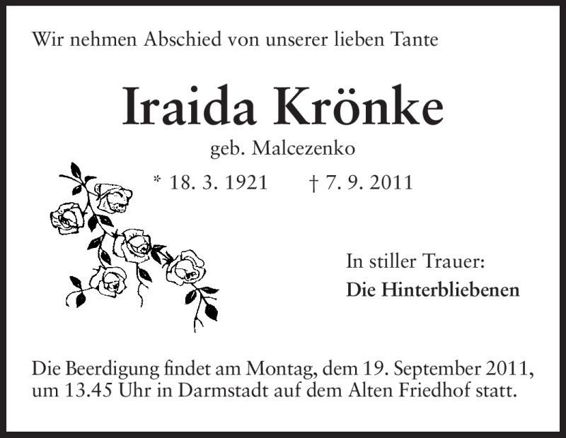  Traueranzeige für Iraida Krönke vom 14.09.2011 aus Echo-Zeitungen (Gesamtausgabe)