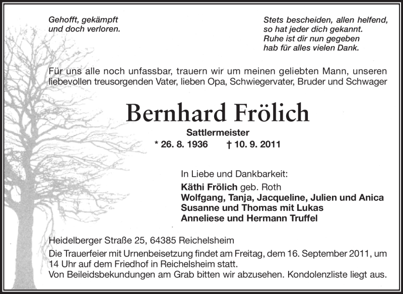  Traueranzeige für Bernhard Frölich vom 14.09.2011 aus Echo-Zeitungen (Gesamtausgabe)